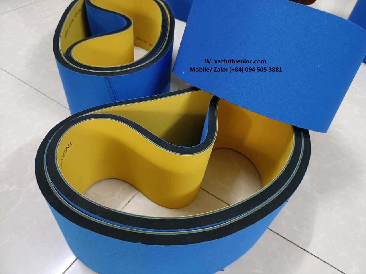 Dây đai xanh vàng đắp mút xốp xanh dầy 6-8mm, dùng cho máy đóng gói sản phẩm.